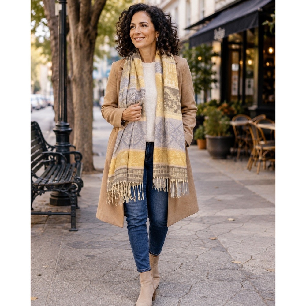 Baby Alpaca Cashmere Woven Fringe Rectangle Scarf Blue/Yellow/Beige 72x30